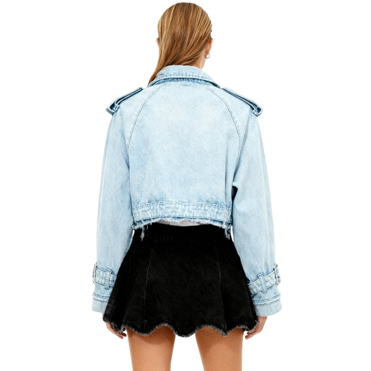 Light blue kouvr denim jacket worn by a person on a white background