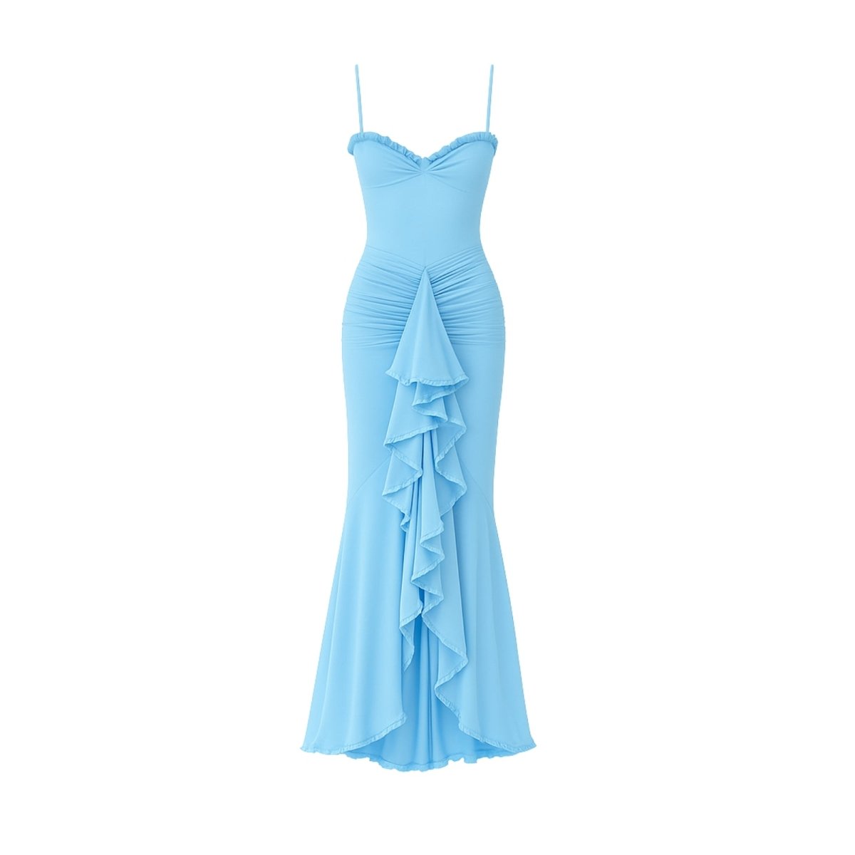 Light blue evening gown with ruffled skirt on a white background
