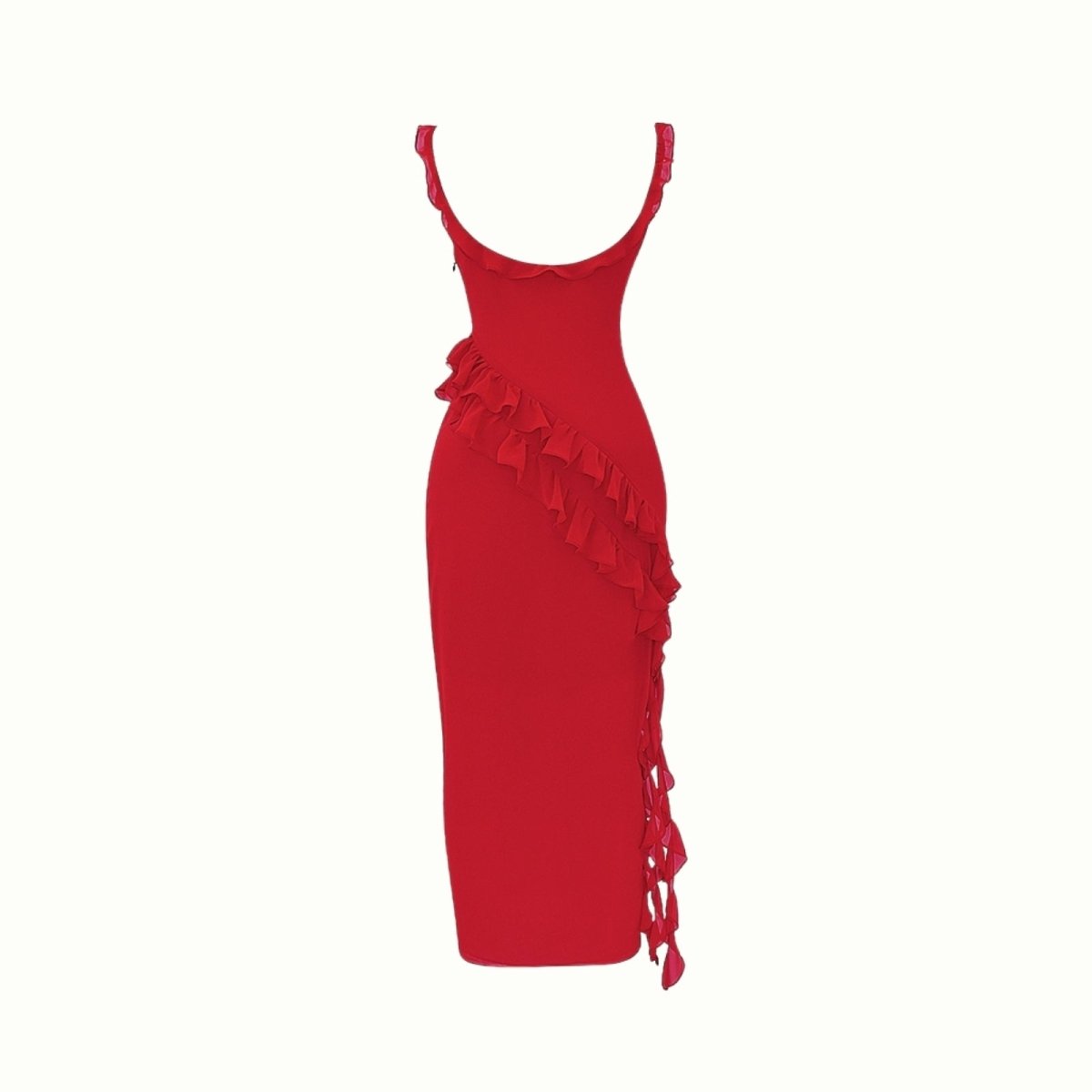 Red Kouvr dress with ruffled details on a white background