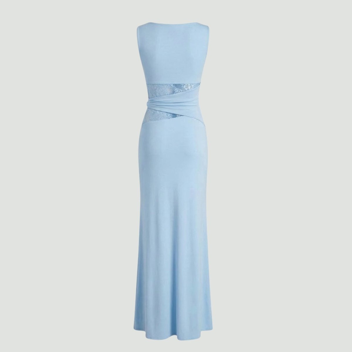 Product flat lay of the light blue Deborah gown, back view, showing the construction of the wrap-effect waist and simple back panel.
