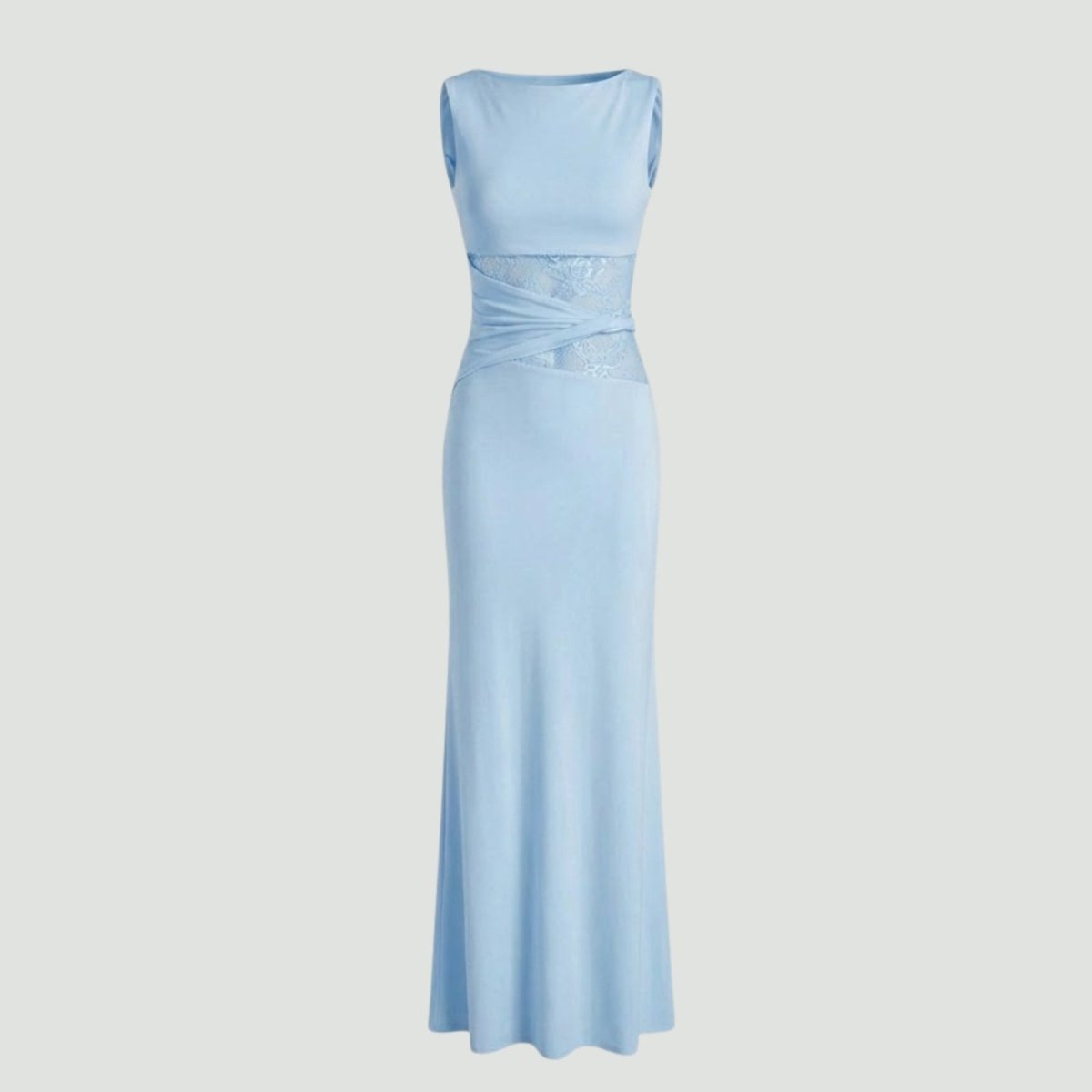 Product flat lay of the light blue Deborah gown, front view, detailing the criss-cross fabric and sheer lace inserts at the waist.