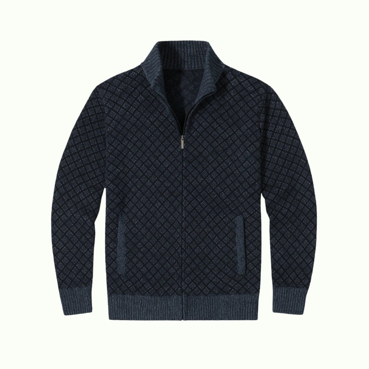 Flat lay of the Kouvr Fashion navy diamond knit zip-up cardigan showing front pockets, ribbed collar, and full texture detail.