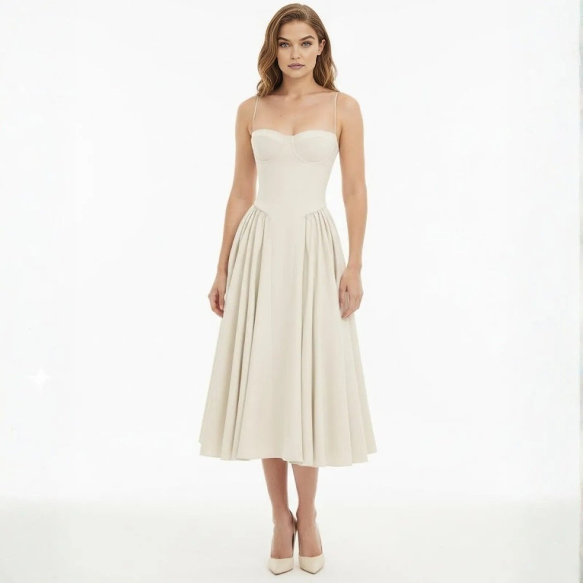 Model wearing the Kouvr Fashion ecru bustier midi dress with a structured corset bodice and A-line skirt, front view.