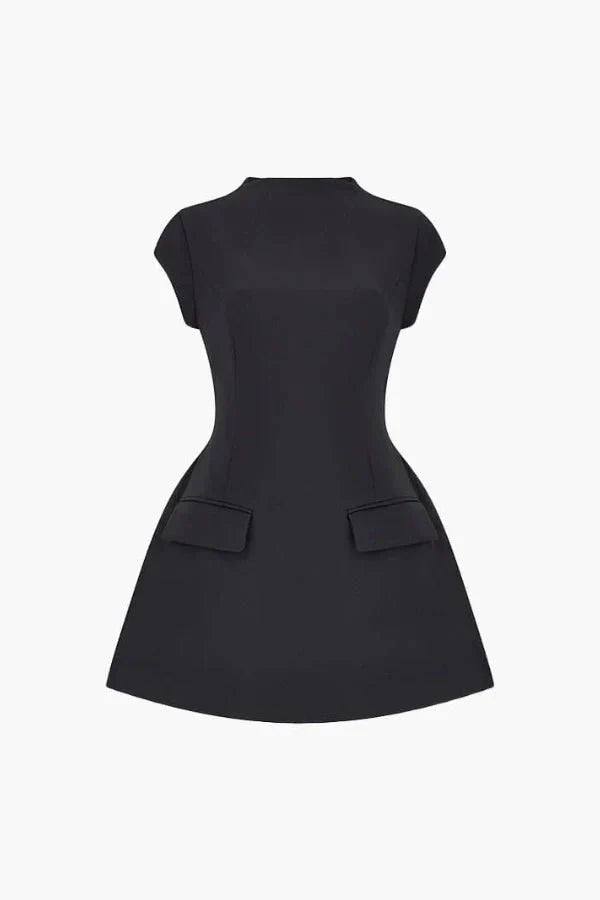 Sculptural, architectural, fit and flare, cinched waist, ella Hepburn style, 60s mod dress, boat neck, cap sleeve, cocktail attire.