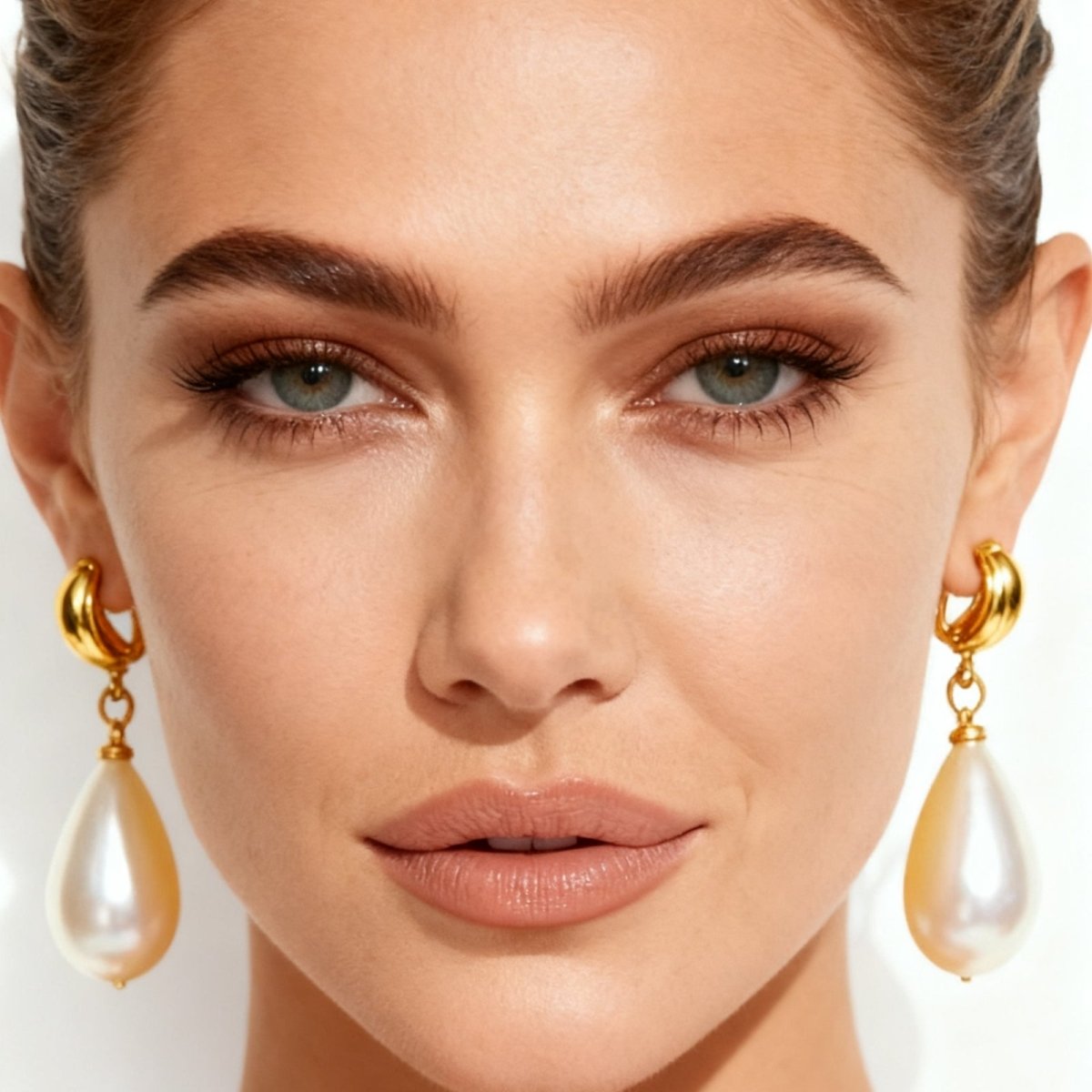 Close-up of a woman wearing gold Kouvr earrings with pearl drops on a white background