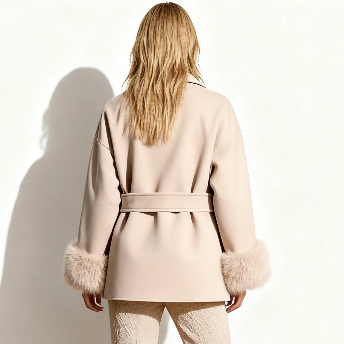 Back view of the Kouvr Fashion Emma wool and cashmere blend coat in sand beige, showing the belt detail and relaxed silhouette.