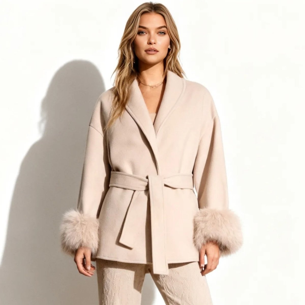 Model wearing the Kouvr Fashion Emma belted short wool coat in sand beige with fox fur cuffs, viewed from the front.