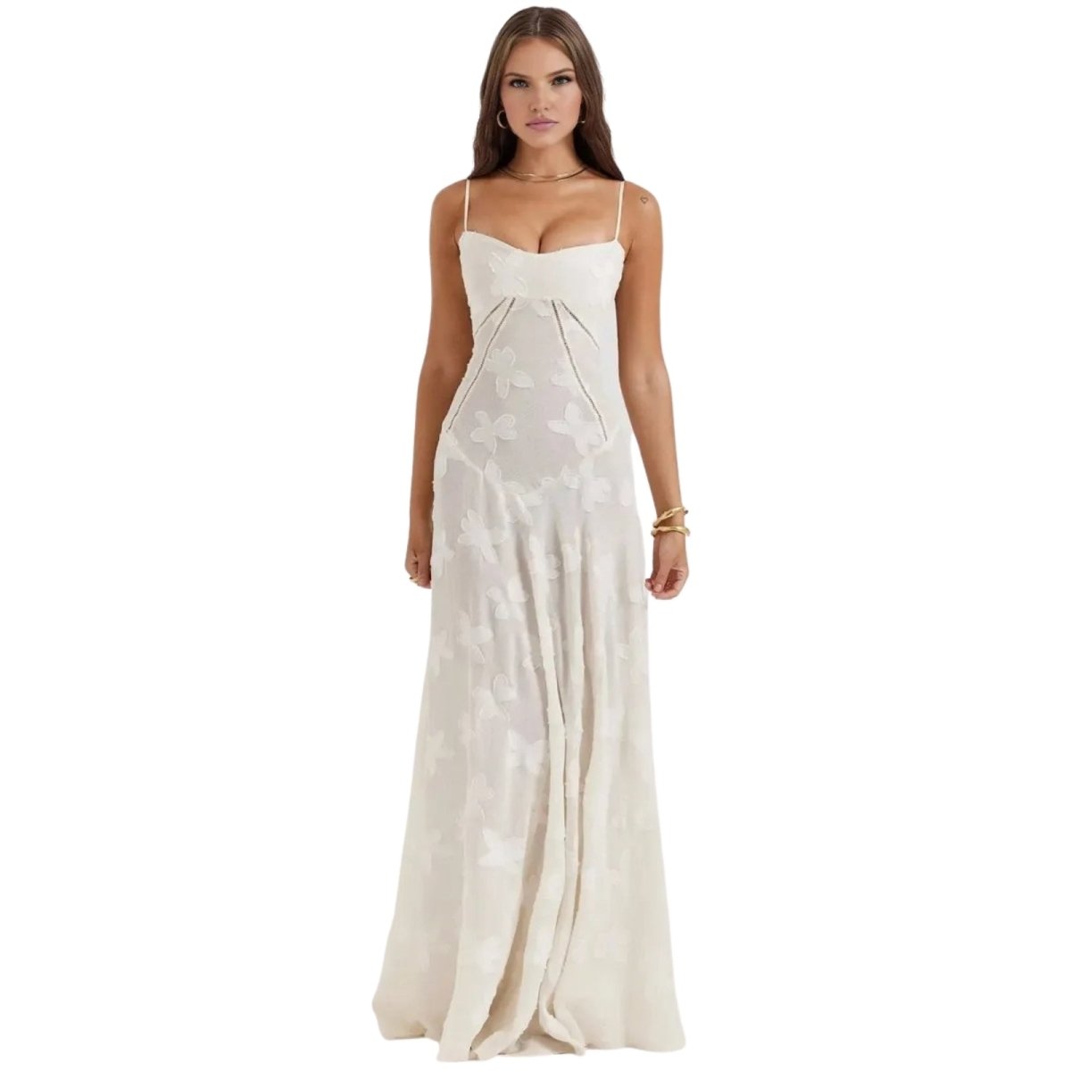 Woman wearing a white Kouvr strapless dress on a white background