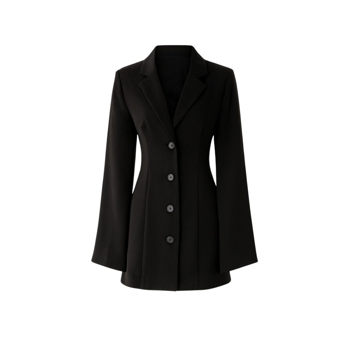 Flatlay product shot of the Kouvr Fashion long sleeve black blazer dress, showing lapels and button details.