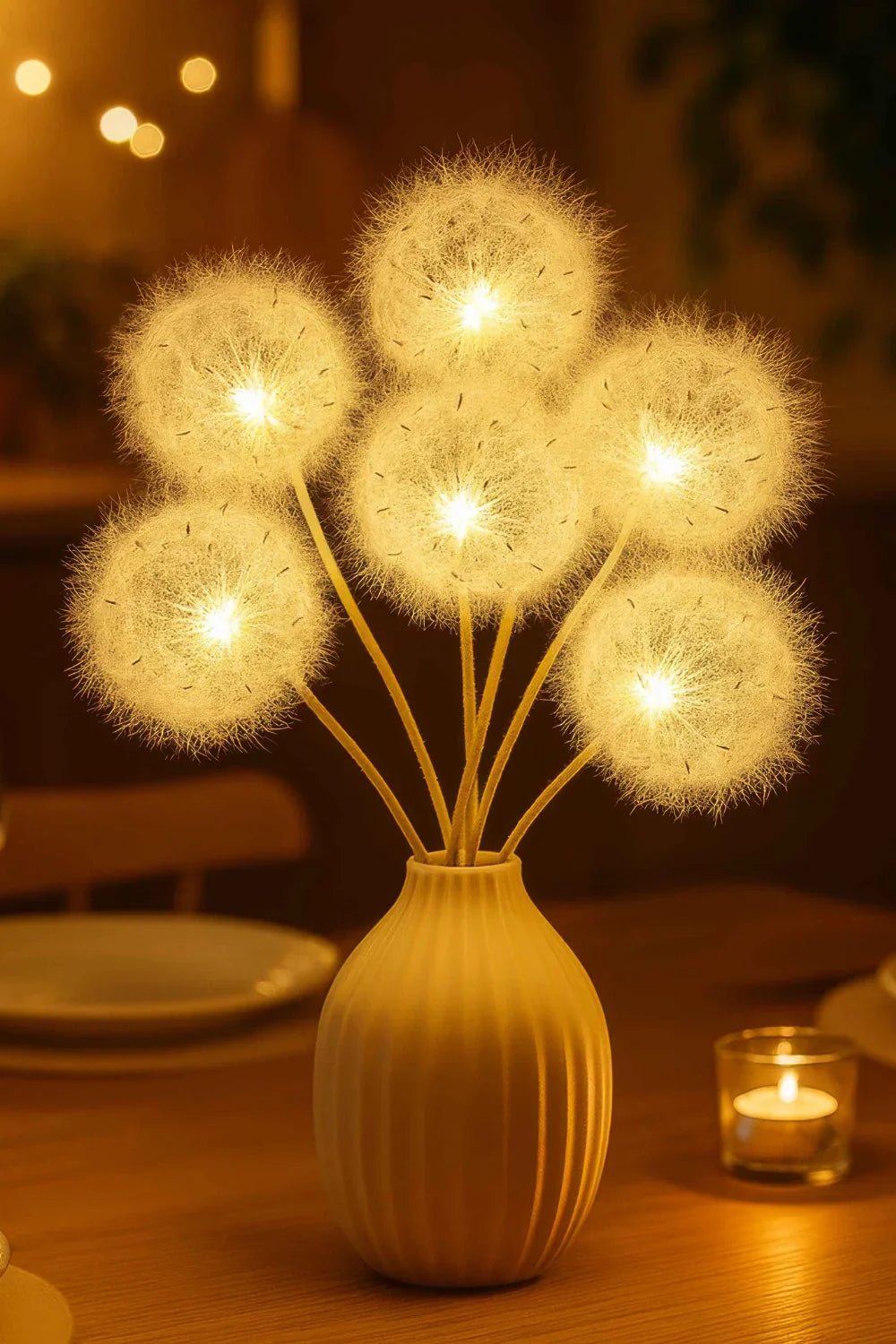 Close-up of the Kouvr Floral Accent Lamp, showing the detailed, glowing dandelion heads in a white ceramic vase on a dining table.
