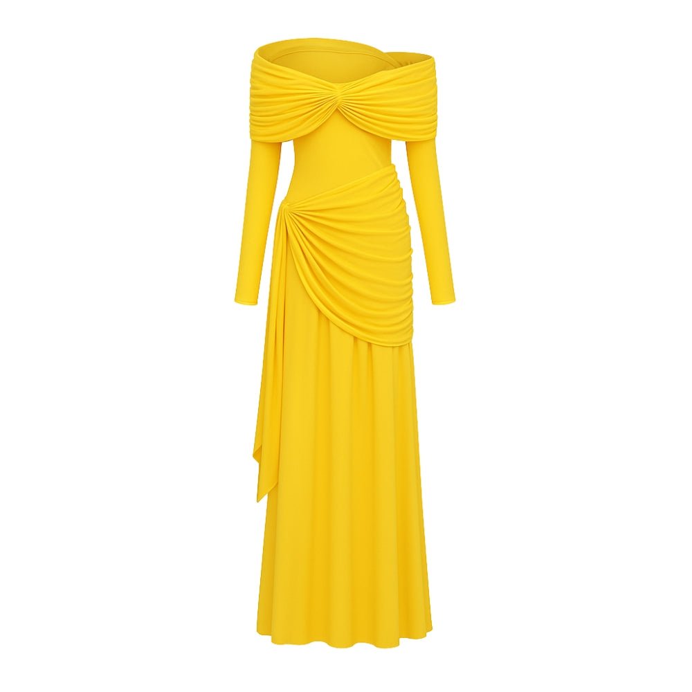 Grecian drape, sculptural silhouette, off-the-shoulder, Bardot neckline, floor-length, luminous fabric, statement gown