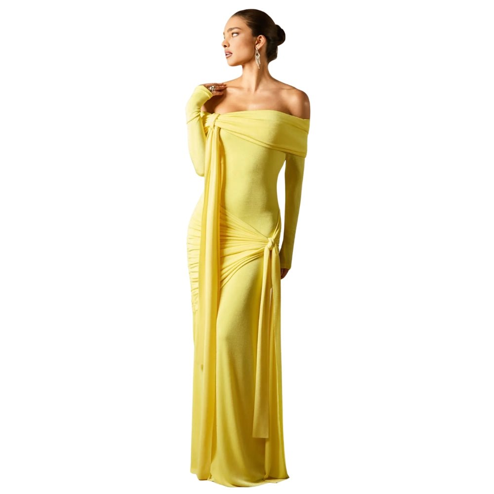 Grecian drape, sculptural silhouette, off-the-shoulder, Bardot neckline, floor-length, luminous fabric, statement gown
