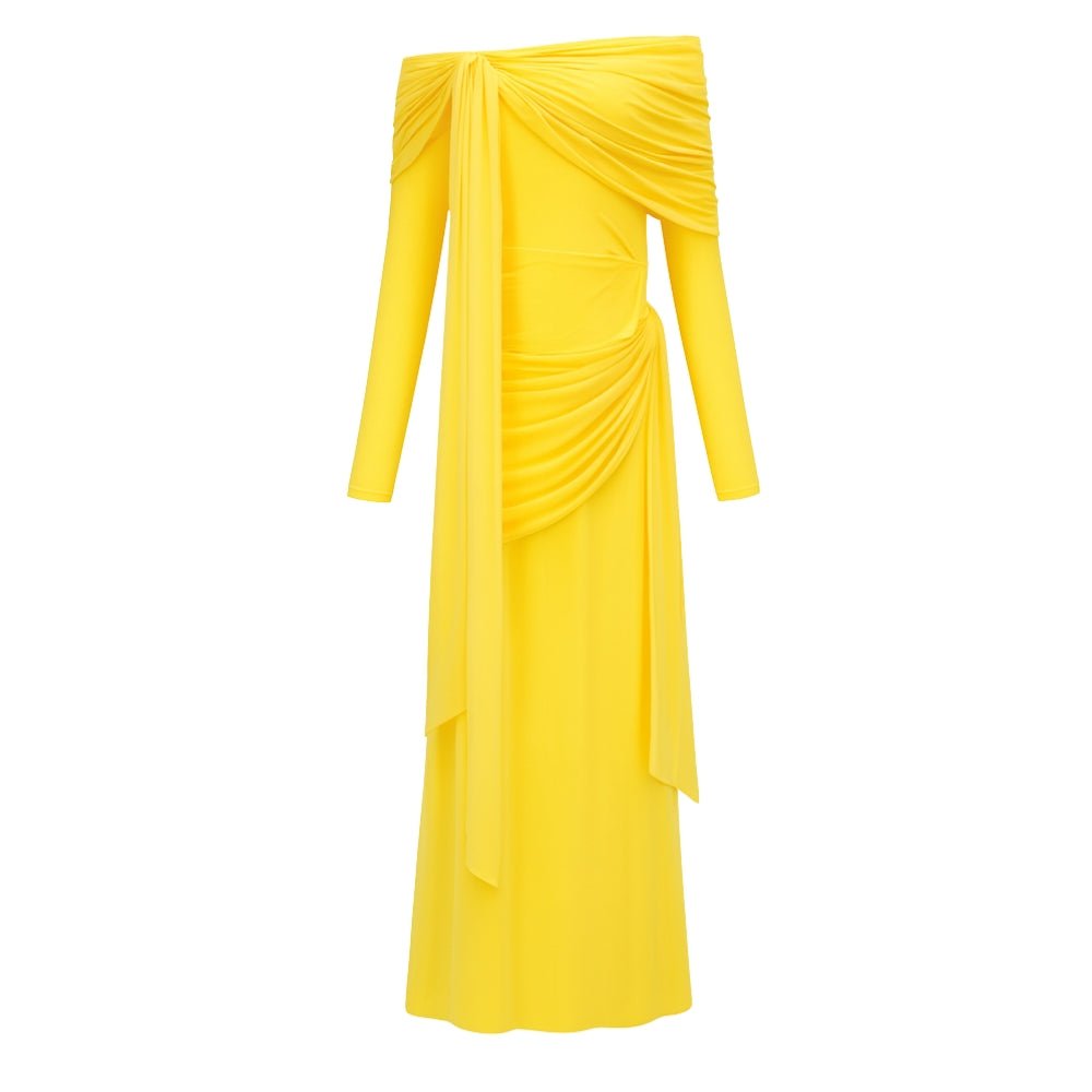 Grecian drape, sculptural silhouette, off-the-shoulder, Bardot neckline, floor-length, luminous fabric, statement gown