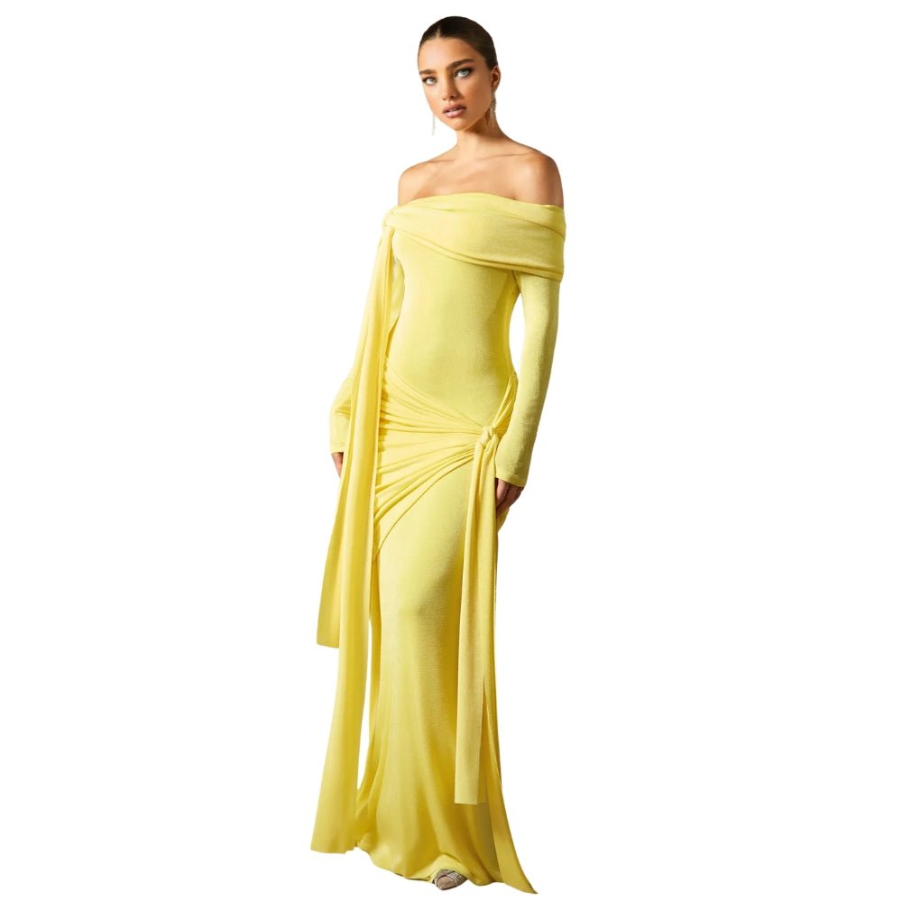 Grecian drape, sculptural silhouette, off-the-shoulder, Bardot neckline, floor-length, luminous fabric, statement gown