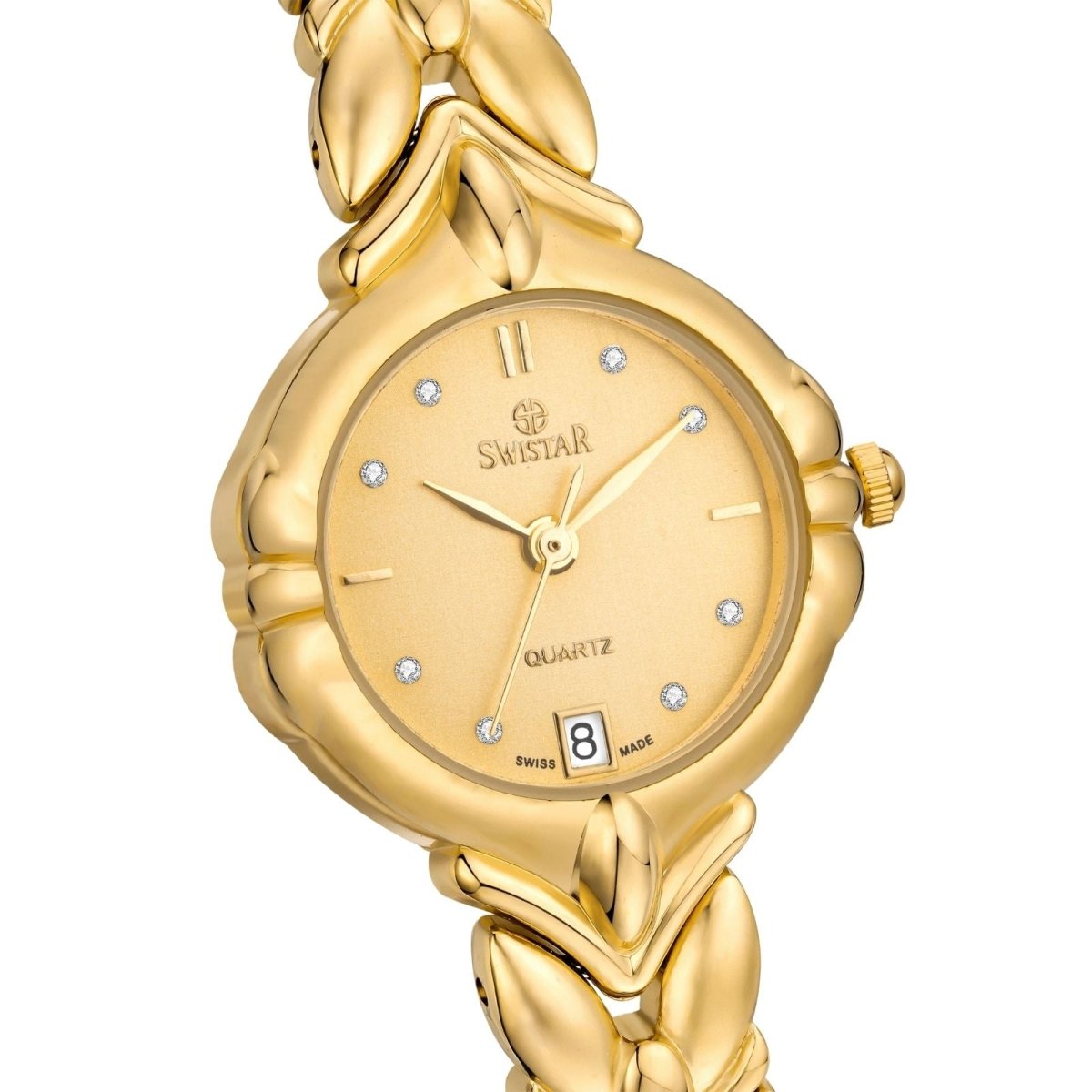 A macro view of the Evanthe watch case and the connection to the intricate gold leaf bracelet.