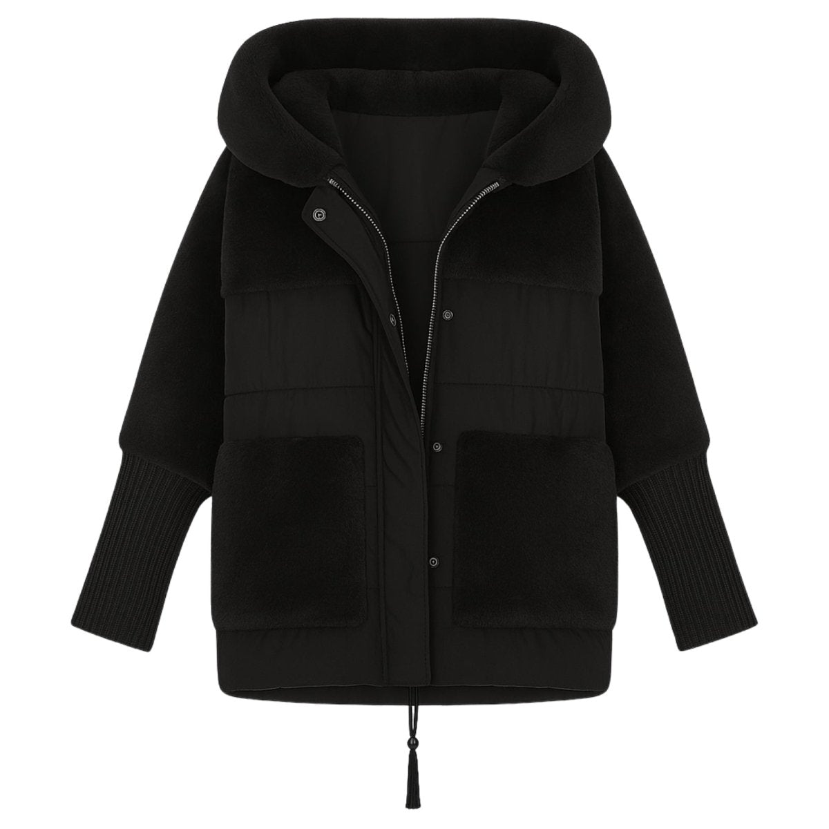 Black kouvr hooded jacket with knit sleeves on a white background