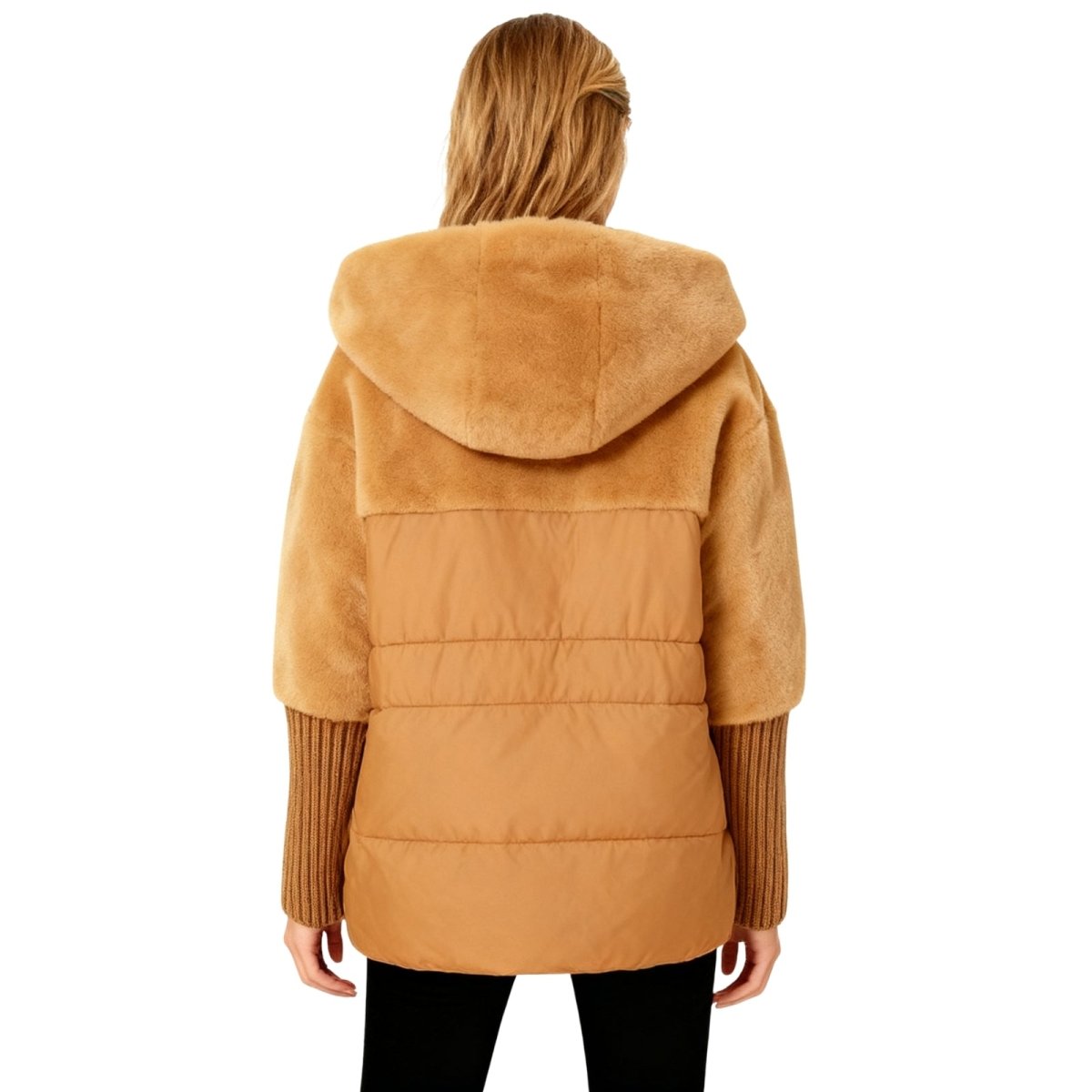 Deep Khaki kouvr puffer jacket with fur hood worn by a person on a white background
