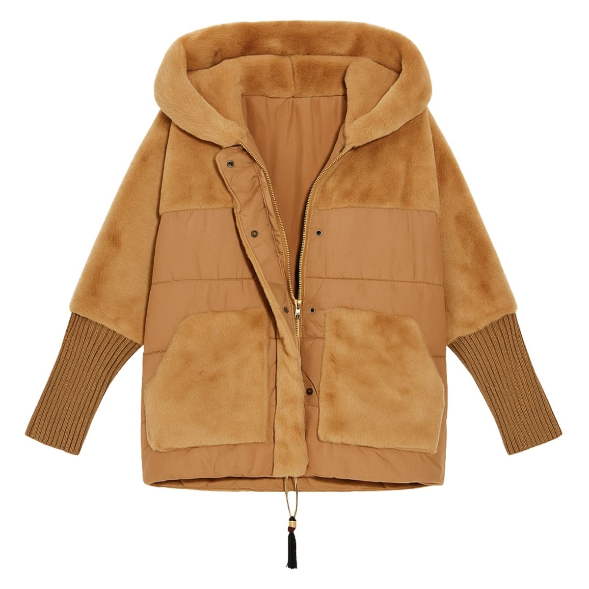 Deep khaki kouvr hooded jacket with ribbed cuffs on a white background