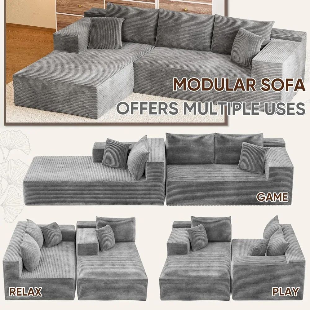 Gray kouvr modular sofa with various configurations and text indicating uses.