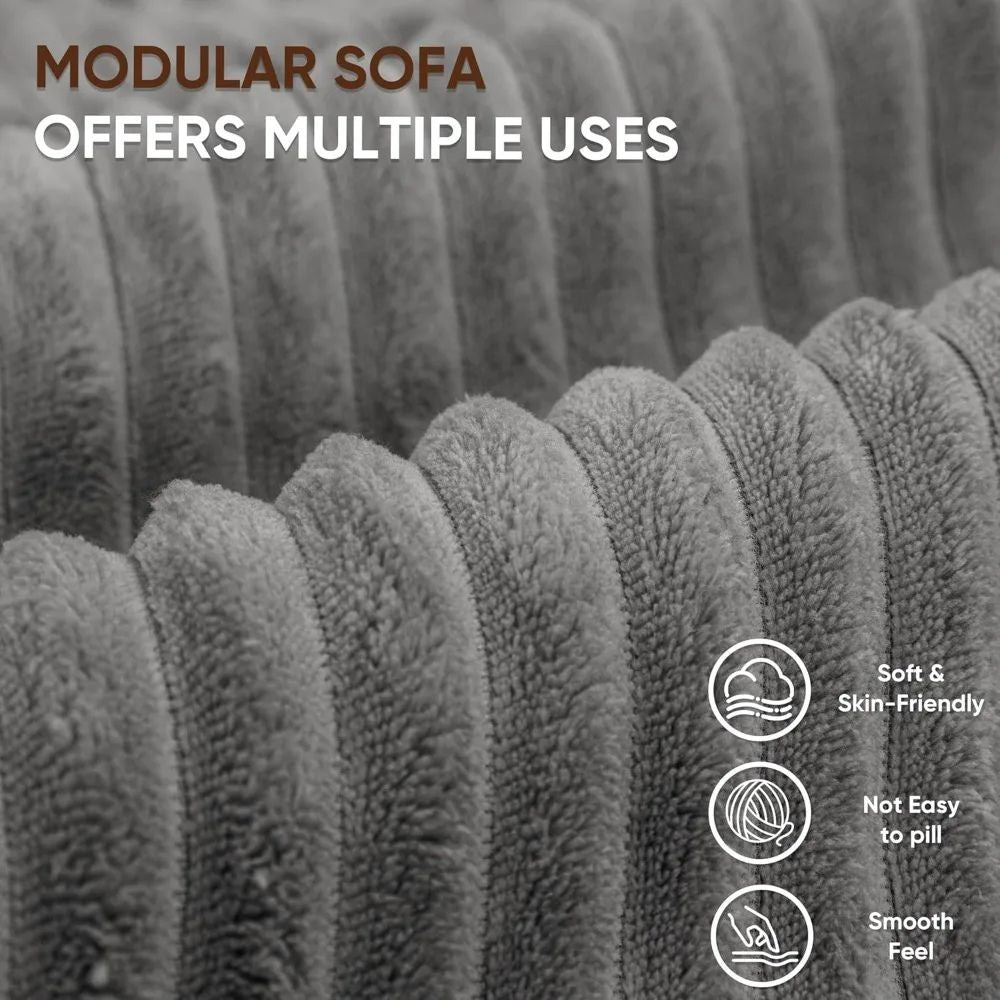 Modular sofa with textured surface and text highlighting multiple uses.