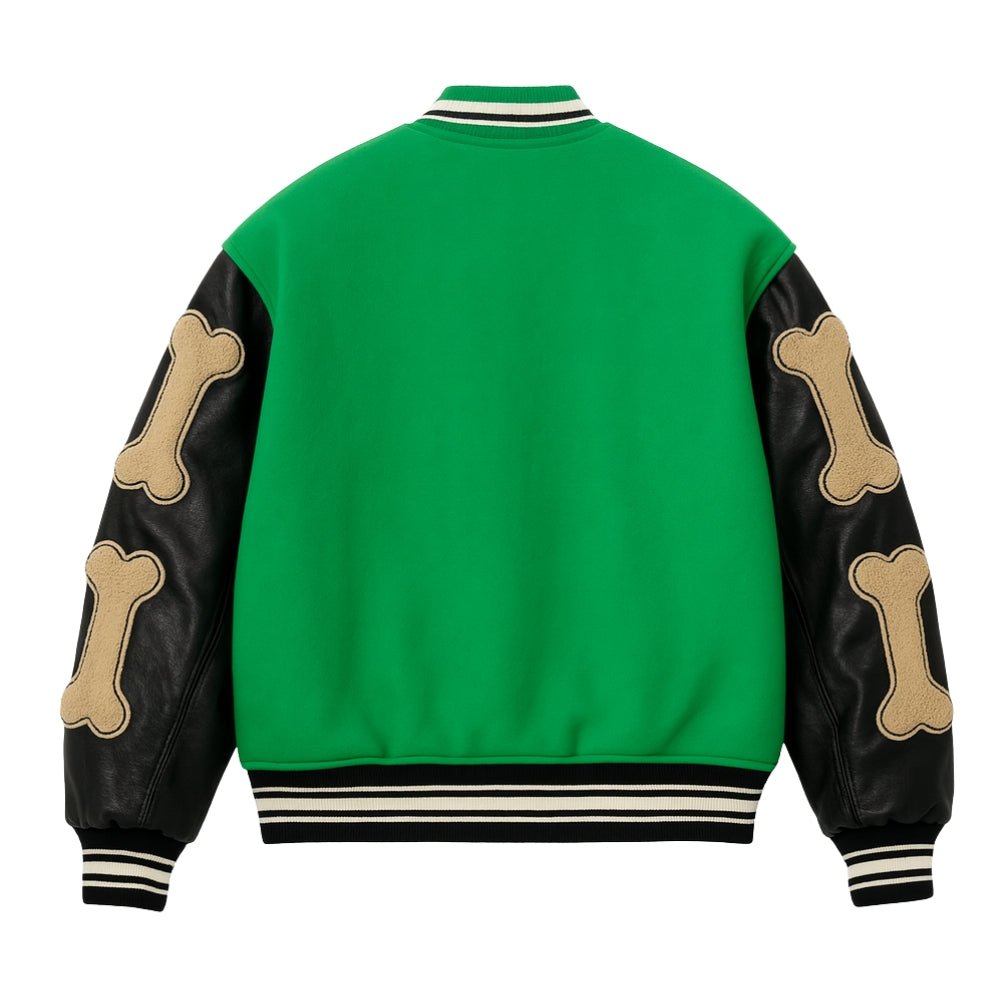 collegiate style", "chenille patch", "wool bomber", "leather sleeve jacket", and "designer outerwear for men