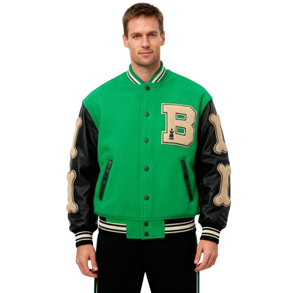 collegiate style", "chenille patch", "wool bomber", "leather sleeve jacket", and "designer outerwear for men