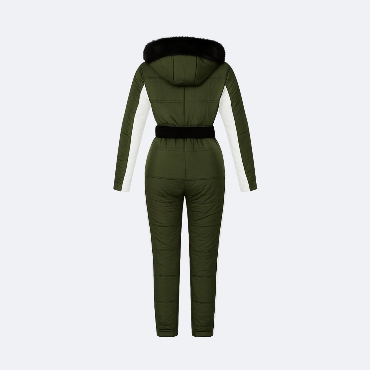 Back flat lay of the Kouvr Fashion insulated ski jumpsuit showing the quilted pattern and white arm stripes.