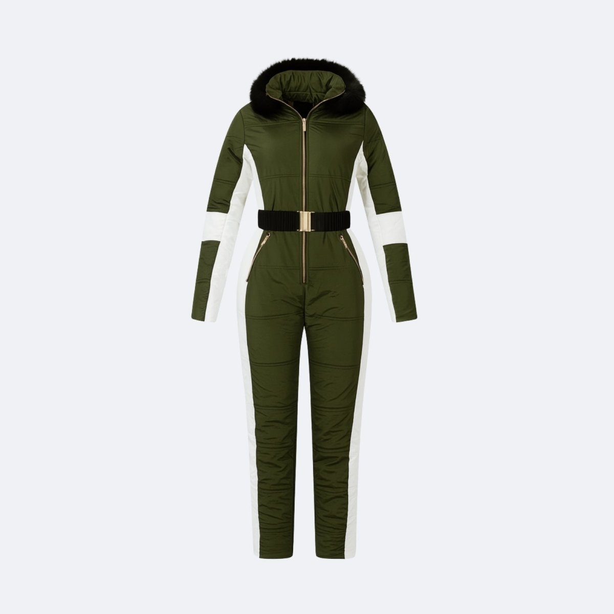 Front flat lay of the Kouvr Fashion green belted ski suit with gold zipper detail and black faux fur hood.
