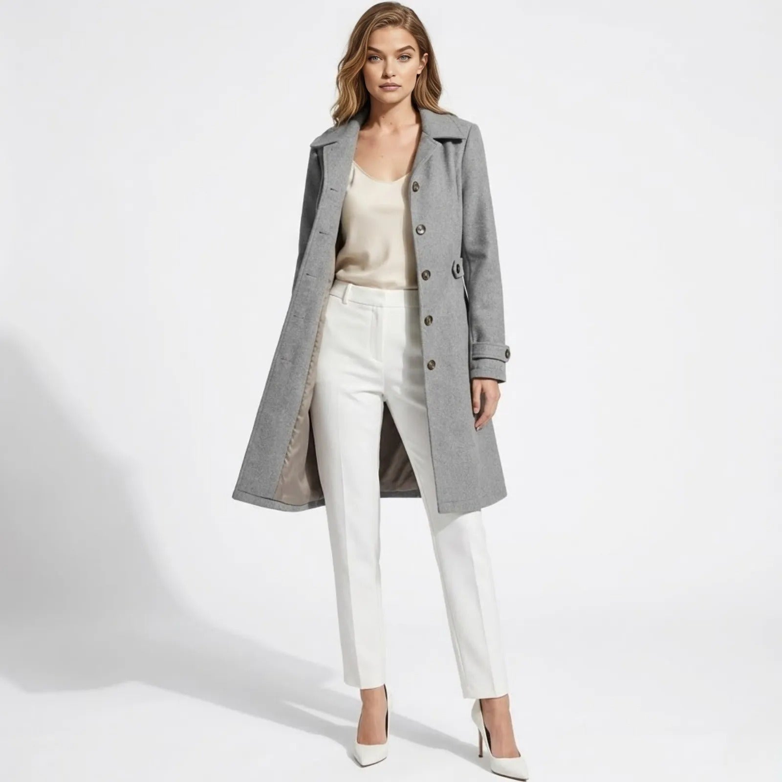 Woman wearing the Kouvr Fashion Priscilla grey wool coat open with a cream top, white trousers, and white heels, standing against a white background.