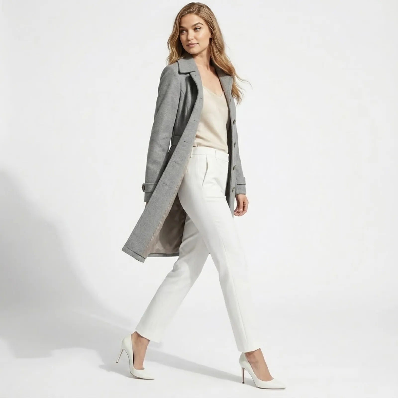 Woman walking and looking over her shoulder in a knee-length grey single-breasted wool coat, showing its elegant movement and drape.