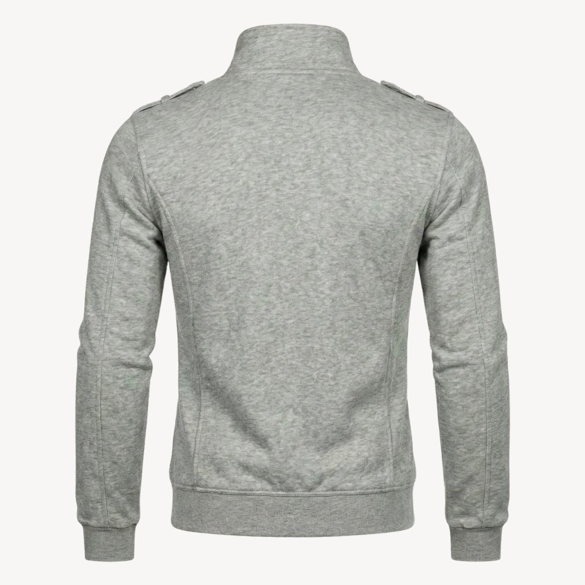 Flat lay back view of the Kouvr men's structured cotton zip-up jacket in heather grey, showing shoulder epaulets.