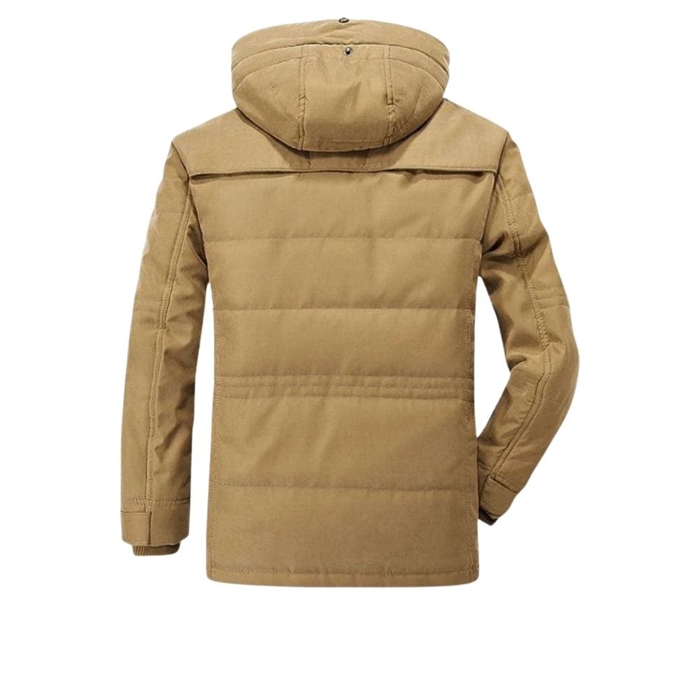 Studio product shot of the back of the Kouvr Fashion khaki winter coat, showing the hood detail and horizontal seam construction.