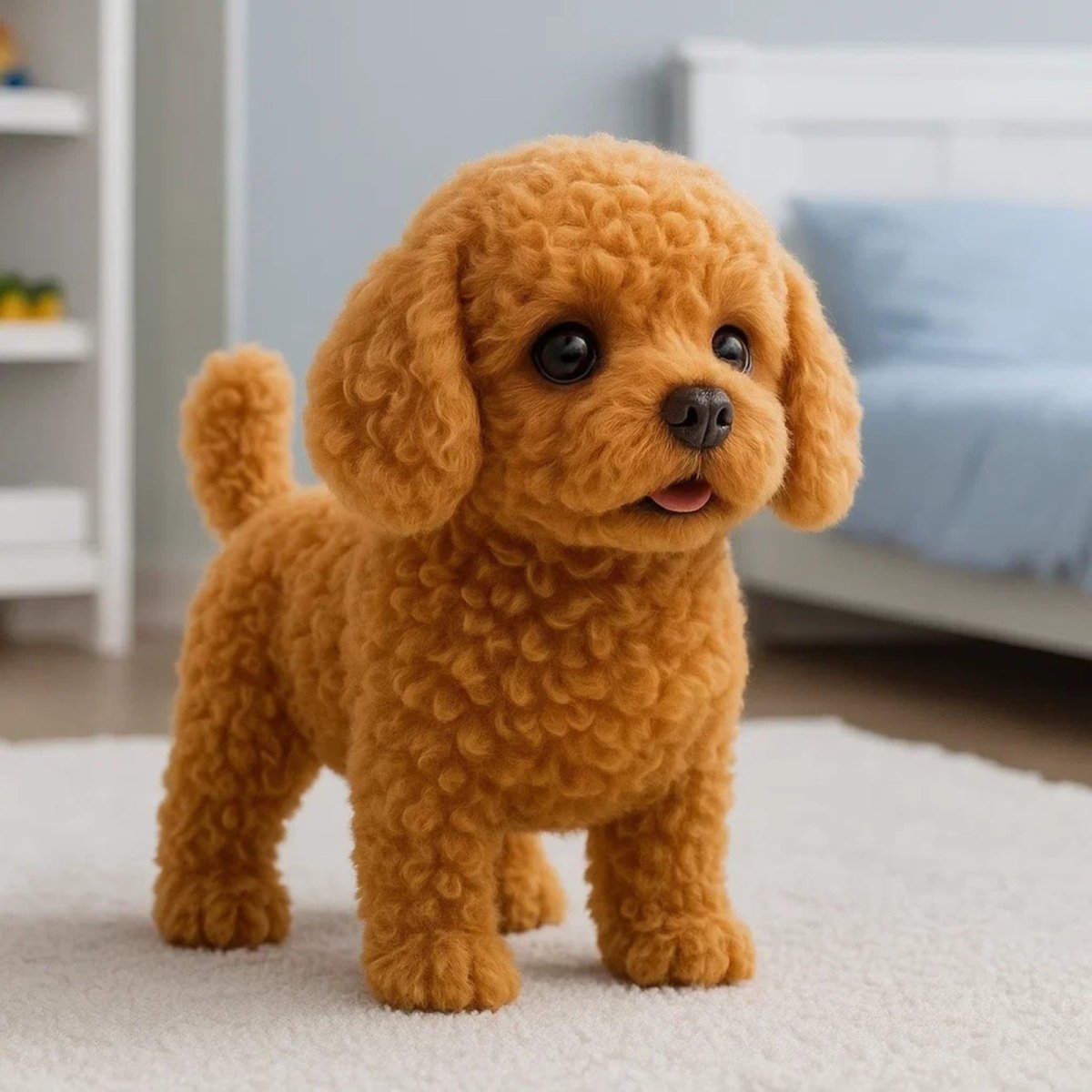 Small brown kouvr dog standing on a carpeted floor in a room with a bed and shelves.