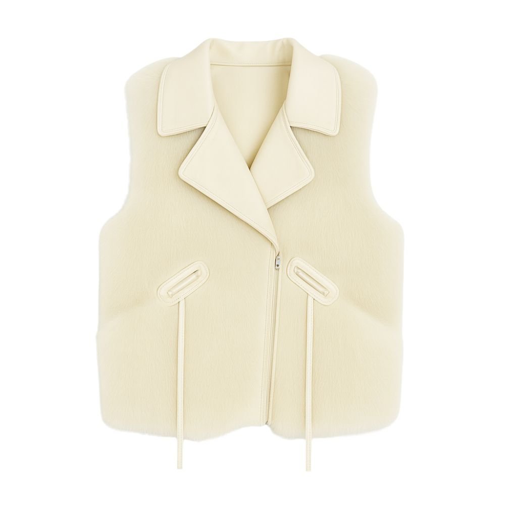 Kouvr Fashion women's ivory genuine leather vest with authentic fox fur collar" and "Interior view of the Kouvr Fashion vest showing the insulated quilted satin lining