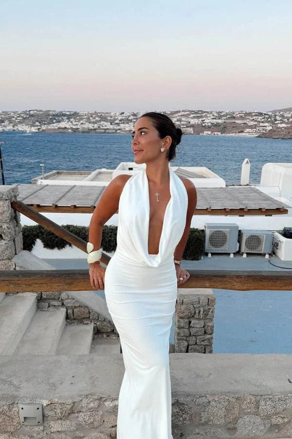 draped neckline,' 'plunge front,' and 'open-back dress