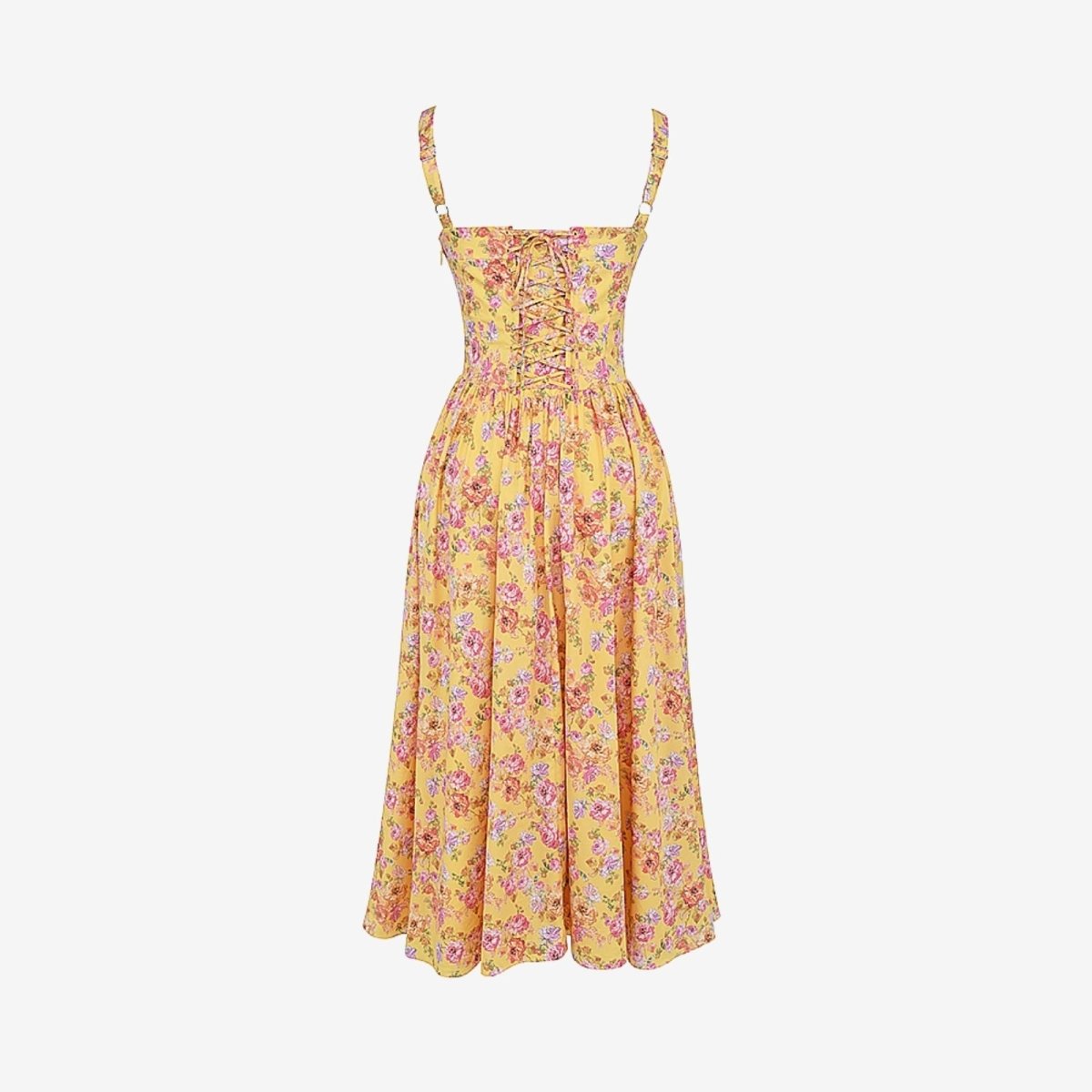 Flatlay image of the back of the Kallirroi yellow floral dress, with a close-up on the corset lacing and straps.