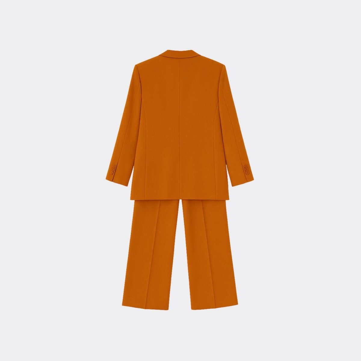 Back view flat lay of the Kouvr Fashion kate orange women's suit, displaying the construction and seam detail of the blazer and trousers.