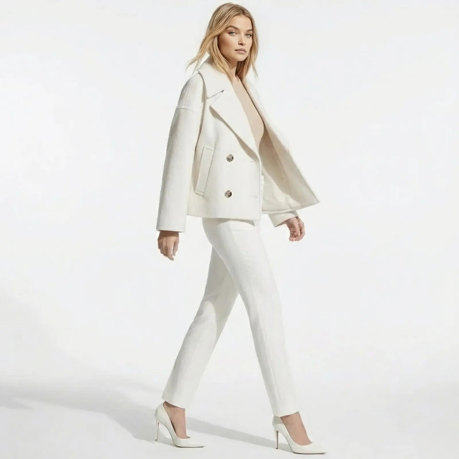 Model walking in the Kouvr Fashion Katherine winter white pea coat, demonstrating the garment's movement and modern, boxy silhouette.