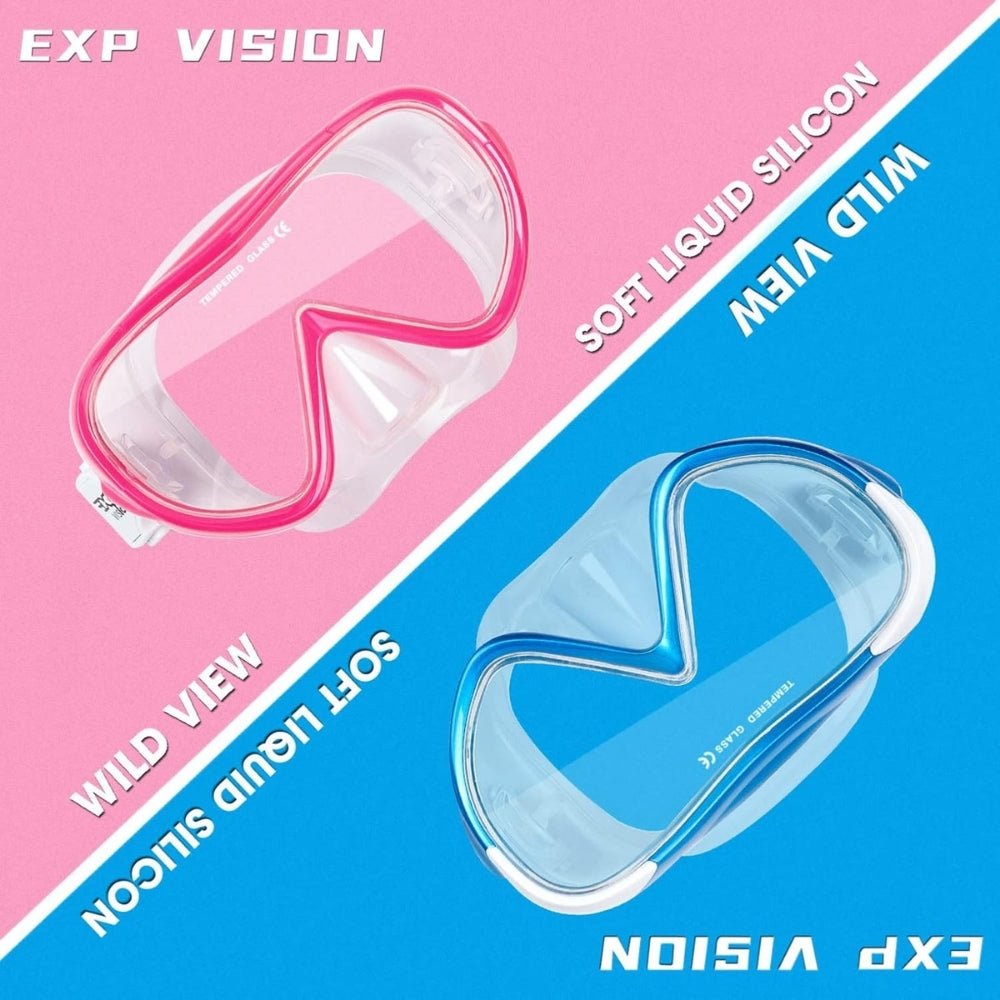 anti-leak," "panoramic view," "ocean exploration," "pool swimming," "beach vacation essential," "comfortable fit," and "easy breathing