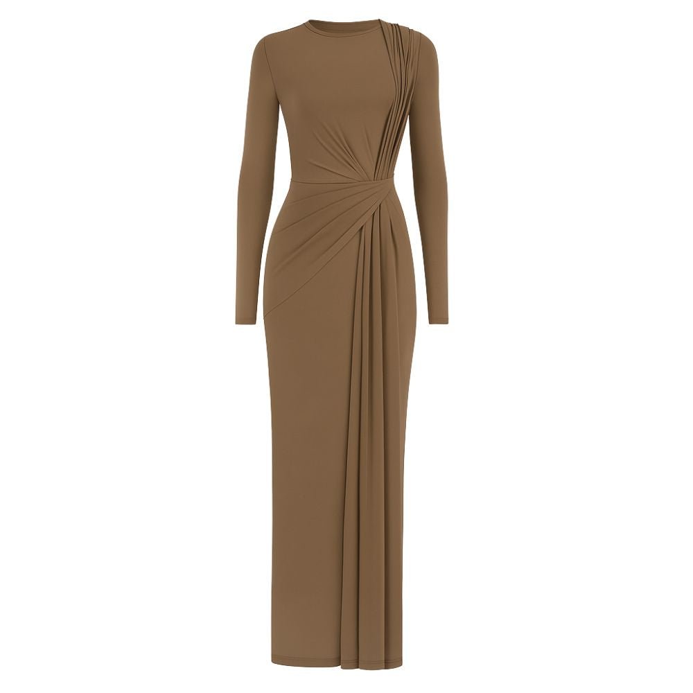 Khaki long-sleeve dress with a knot detail on a white background