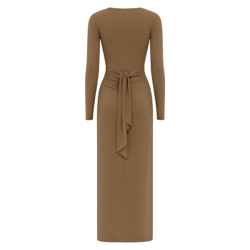 Kouvr Asymmetrical Draped Long Sleeve Dress Front View on Model