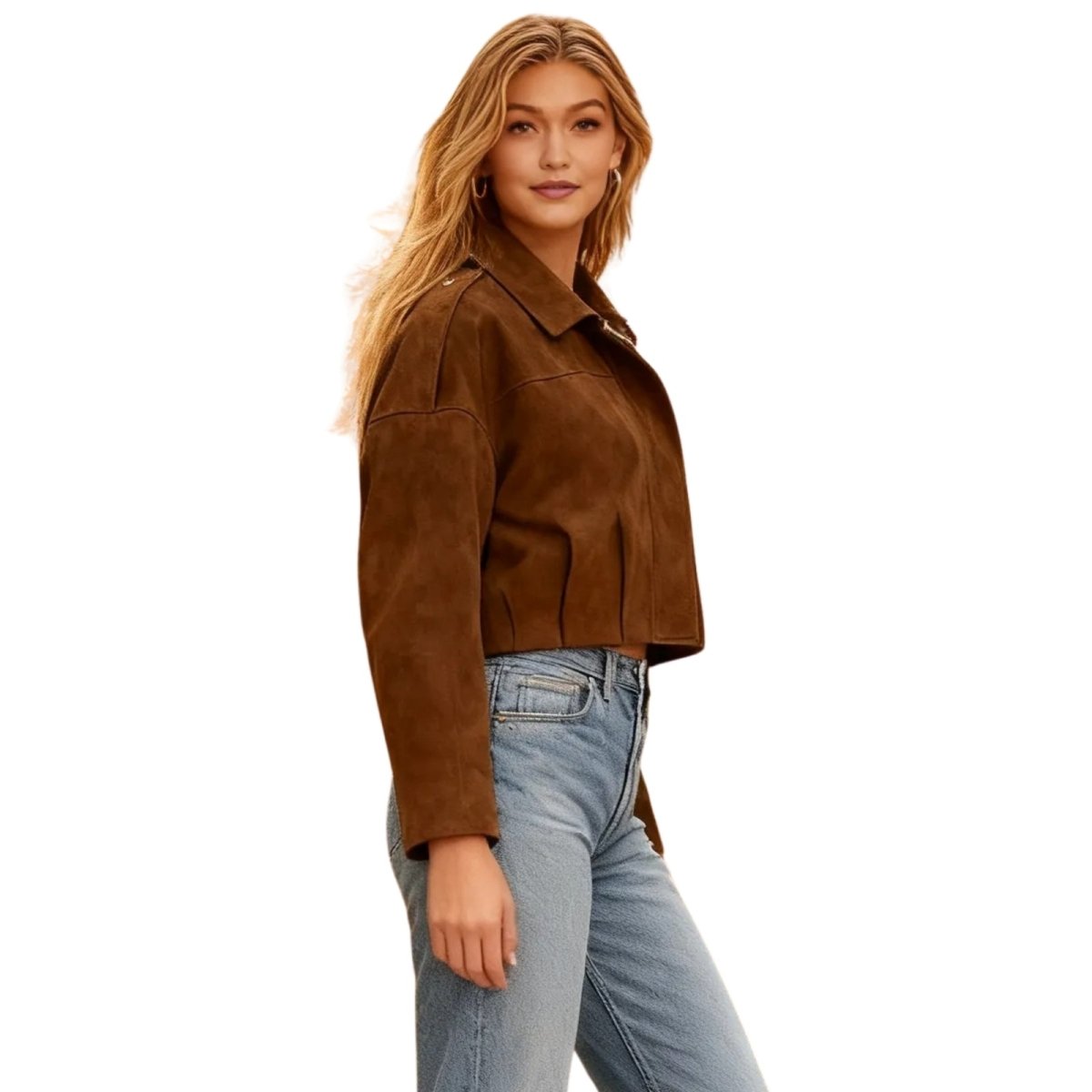 Kouvr Fashion cropped suede Keilani jacket in espresso brown.