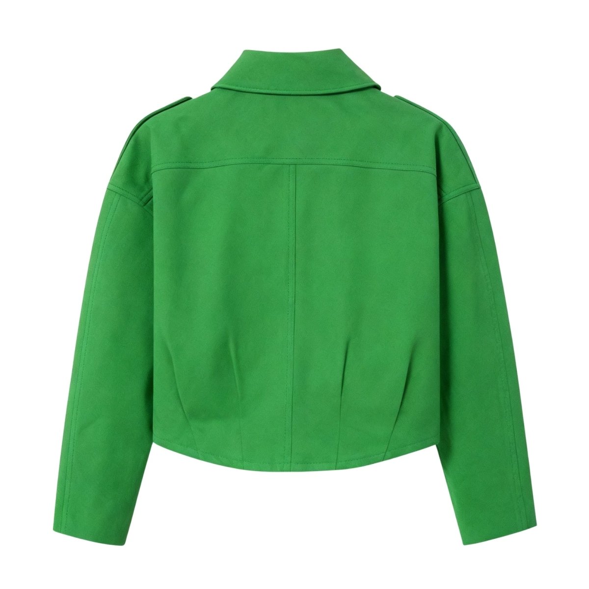 Flat lay of the Kouvr Fashion Leilani green suede jacket showing the gold zipper and collar detail.