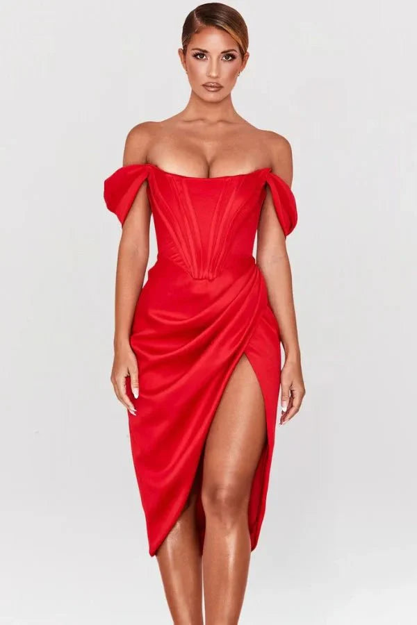 Bardot dress', 'bustier gown', 'crimson satin', 'scarlet cocktail dress