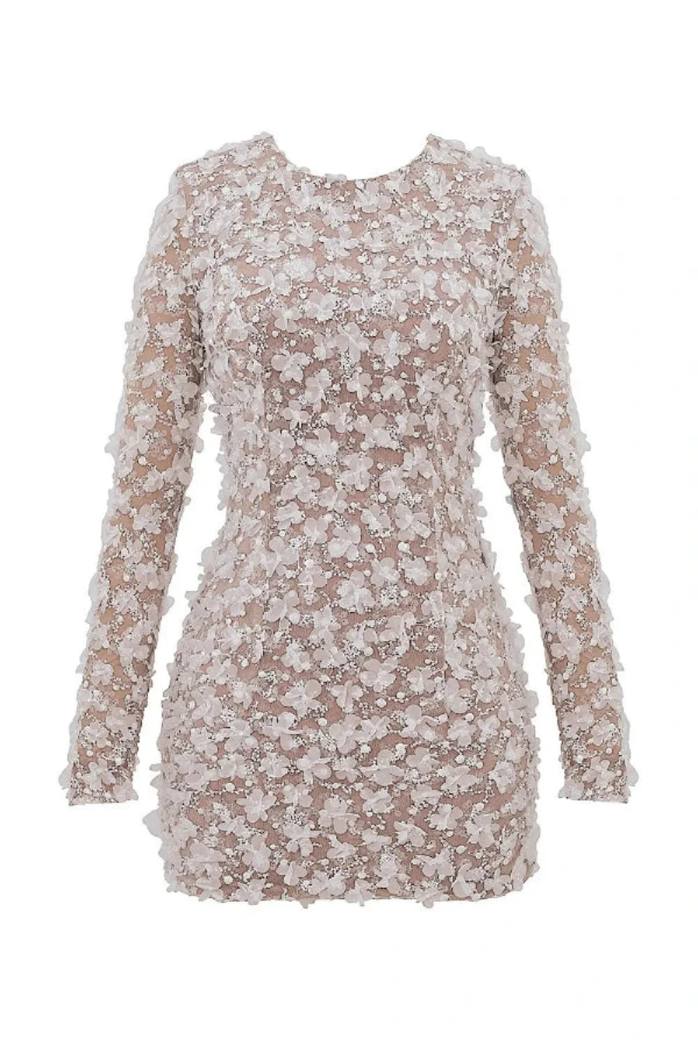 Model wearing Kouvr Fashion white 3D floral appliqué open back mini dress