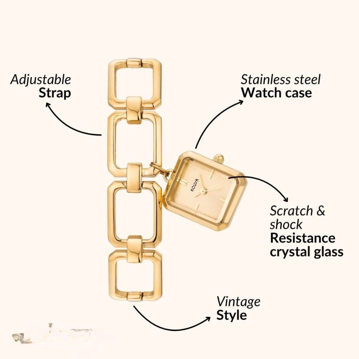 Gold kouvr watch with adjustable strap and scratch & shock resistance crystal glass on a white background