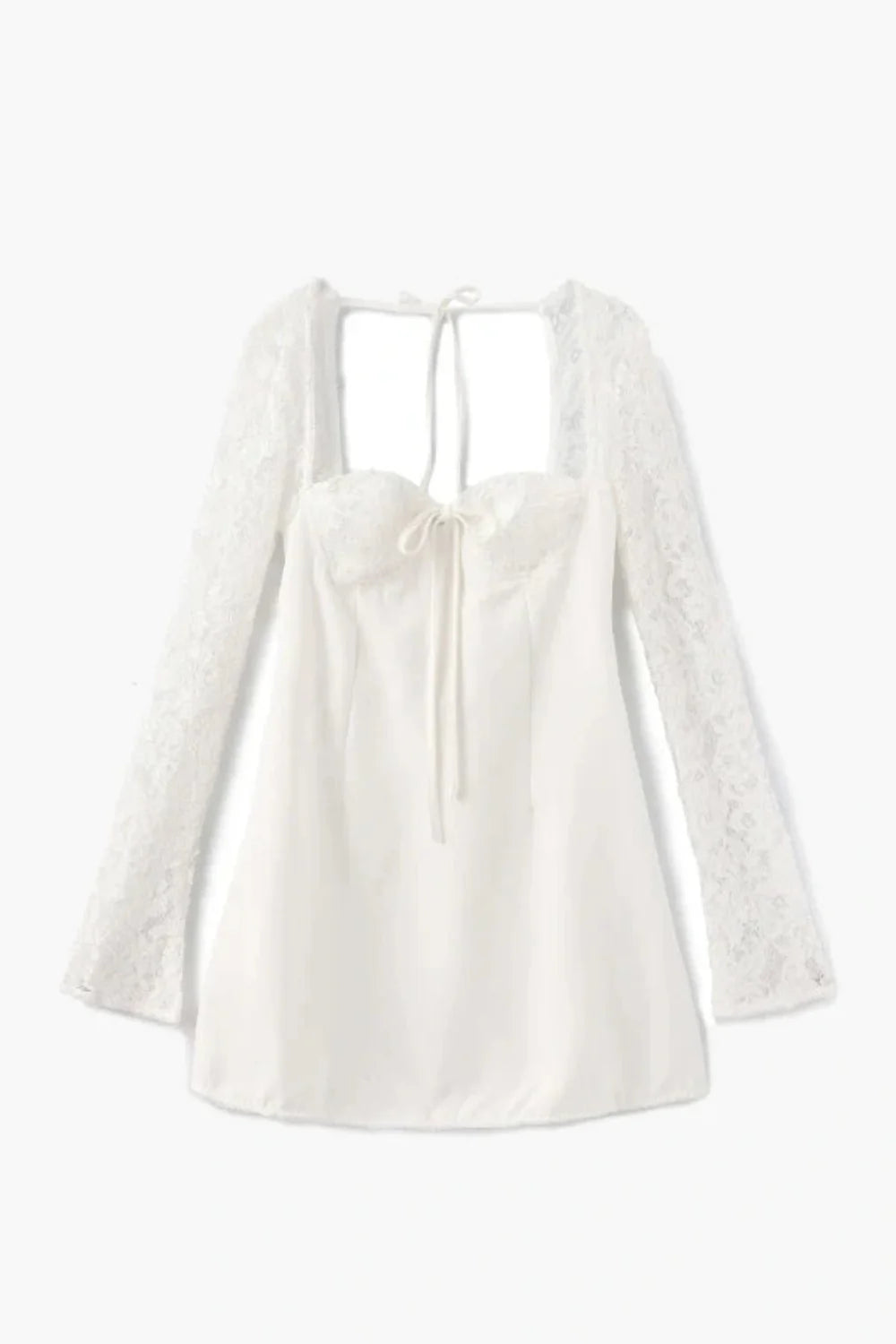 Model from behind wearing the Kouvr Fashion Louise white lace corset mini dress showing the adjustable back lacing