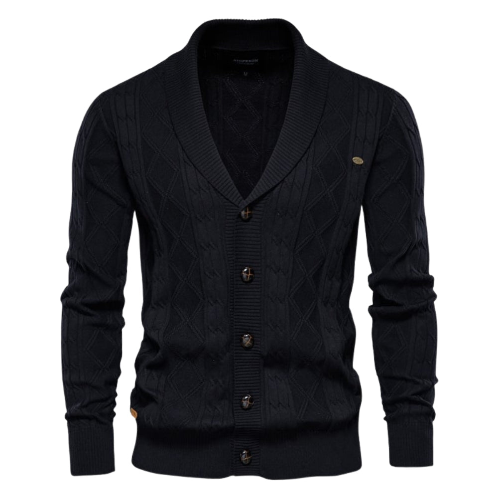 Black kouvr cardigan with buttons on a white background