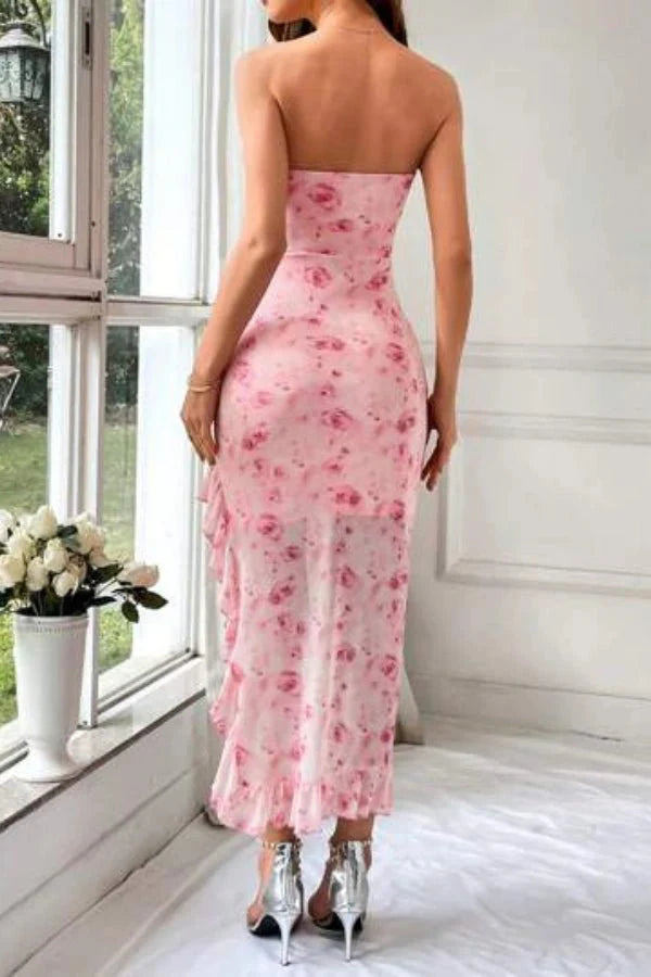 ruched bodice," "high-low hemline," "cascading drape," "structured fit," "sweetheart bustier