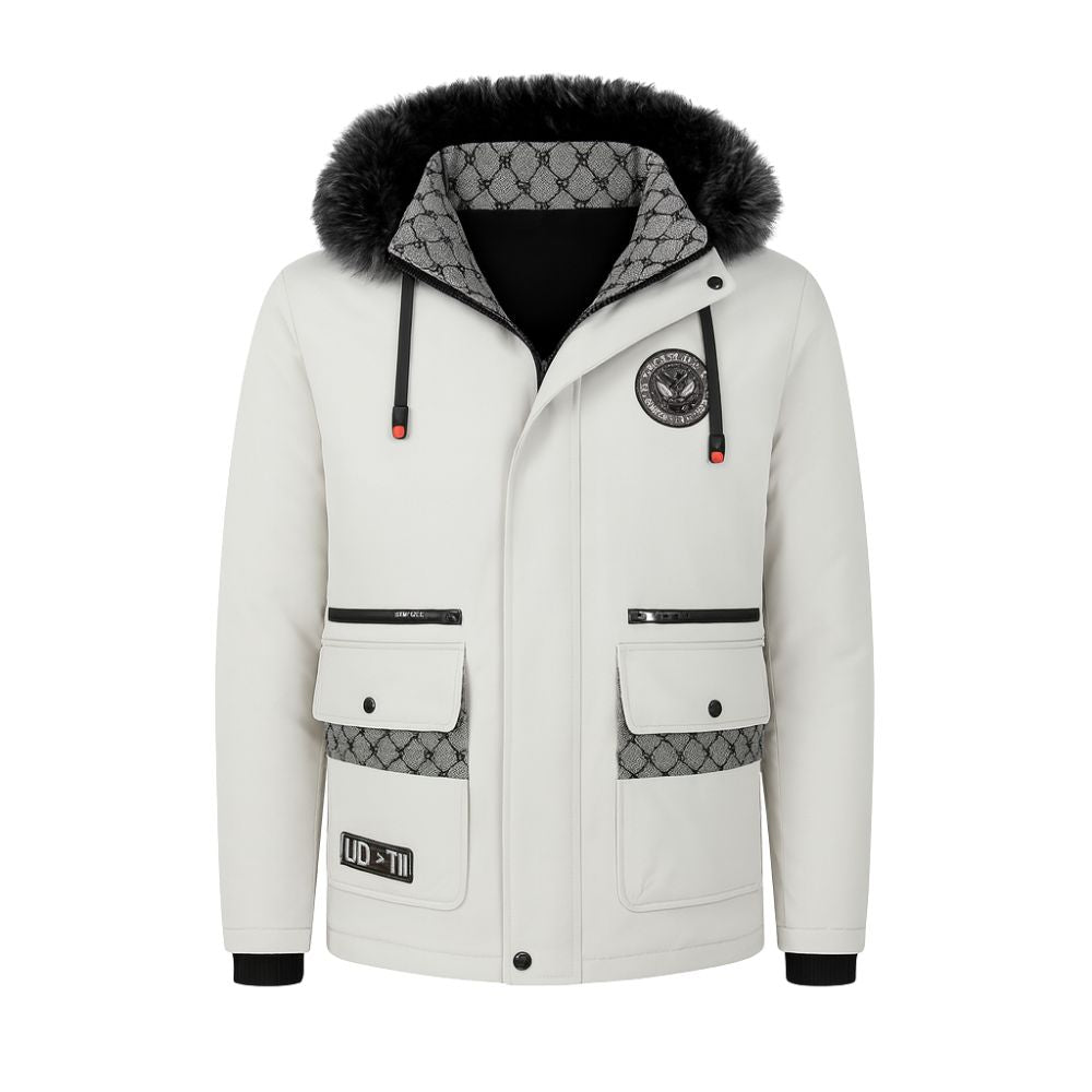 White winter jacket with fur-lined hood on a white background